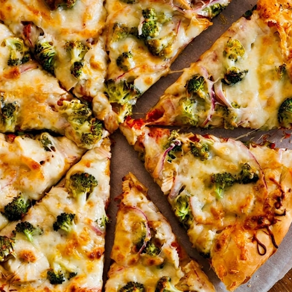 A whole pizza with broccoli and red onions, cut into slices, on parchment paper and a wooden board.