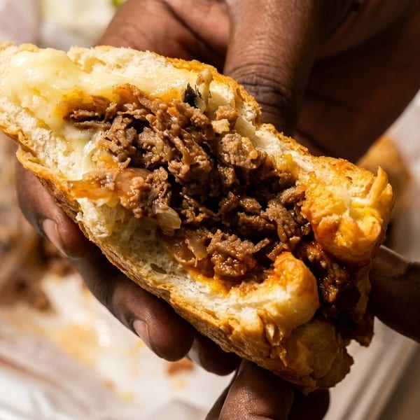 Hands holding a half-eaten cheesesteak sandwich filled with meat, onions, and melted cheese.
