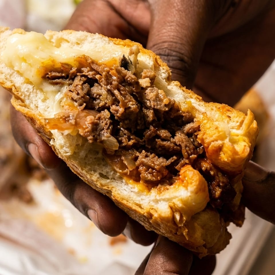 Hands holding a half-eaten cheesesteak sandwich filled with meat, onions, and melted cheese.