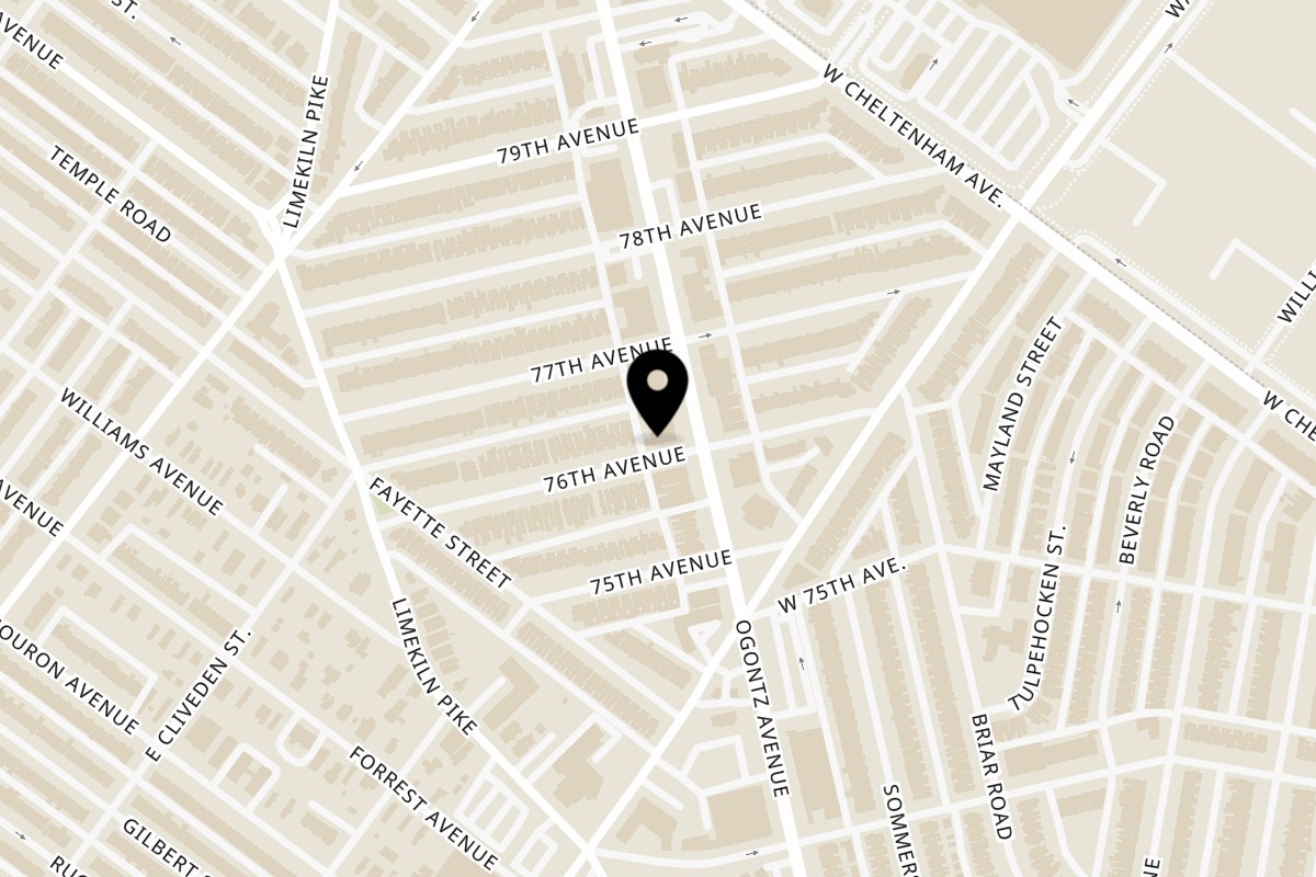 Map showing the location of In & Out Pizza on 7600 Ogontz Ave in Philadelphia